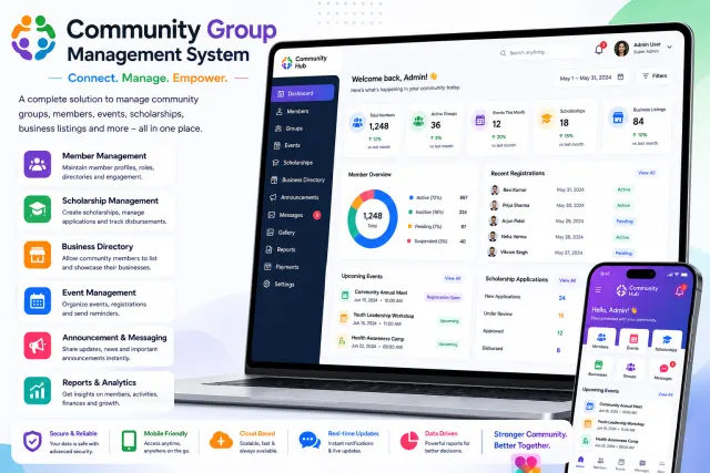 Community Group Management mobile app and web application screens